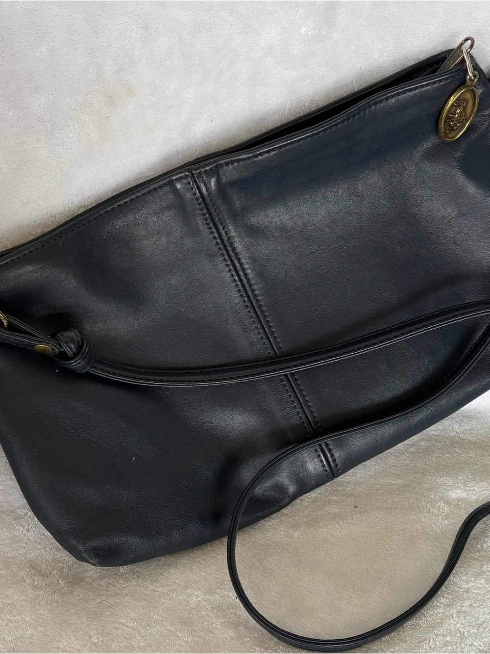 Stone Mountain Dark Navy Leather Bag with Brass Hardware